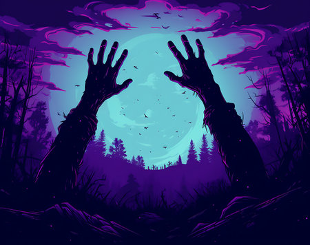 Halloween background with zombie hands and full moon.の素材