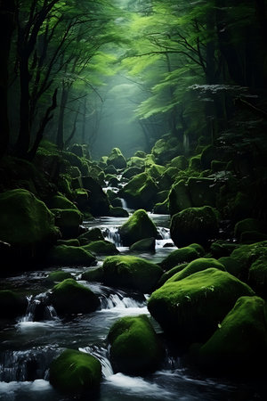 Mountain stream in the forest at night. 3D rendering.の素材