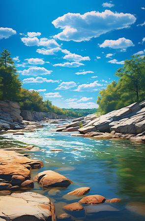 River and blue sky with clouds. Nature composition.の素材