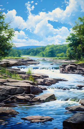 Beautiful summer landscape with mountain river and blue sky with clouds.の素材