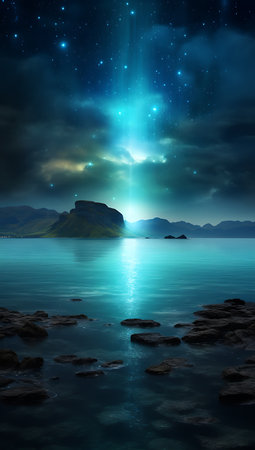 Fantasy night landscape with starry sky and sea. 3d renderingの素材