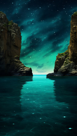 Aurora borealis over the sea at night. 3D renderingの素材