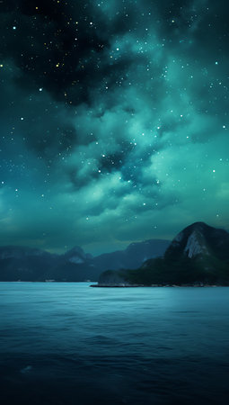 Night sky with stars and milky way over the sea and mountainの素材