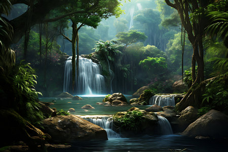 Beautiful waterfall in tropical forest. Nature background, 3d renderの素材