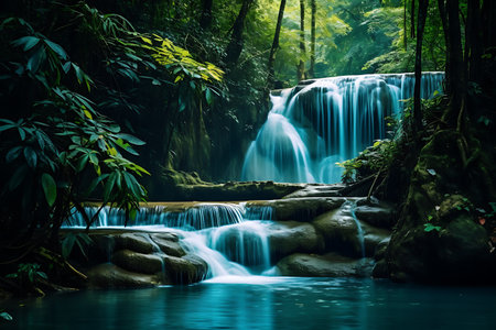 Beautiful waterfall in deep forest, Erawan Waterfall, Kanchanaburi, Thailandの素材