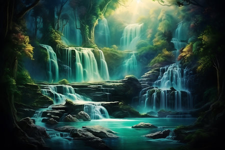 Beautiful waterfall in deep forest. Nature background. Digital painting.の素材