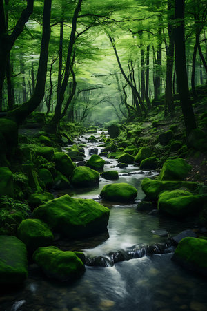 Stream in the green forest. Nature composition. 3D rendering.の素材