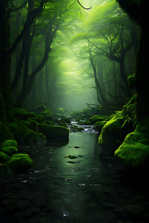 Fantasy green forest with a river in the middle. 3d renderingの素材