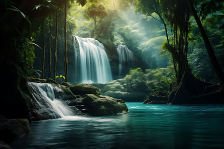 Beautiful waterfall in deep forest at Erawan waterfall National Park, Kanchanaburi, Thailandの素材