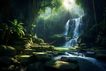 Beautiful waterfall in the jungle with sun light and green leaves.の素材
