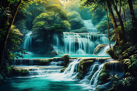 Beautiful waterfall in tropical forest. Natural background. Digital painting.の素材