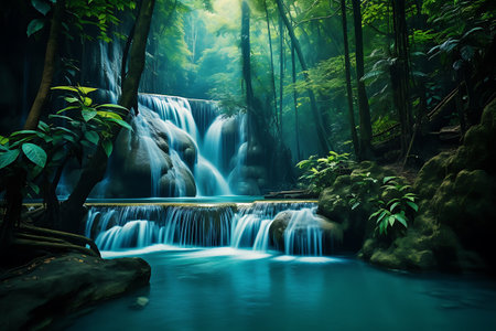 Waterfall in deep forest at Erawan waterfall National Park, Kanchanaburi, Thailandの素材
