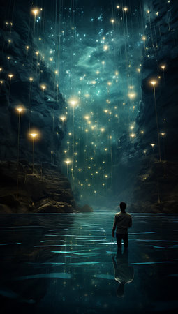 Man standing in the middle of a dark sea with glowing stars around himの素材