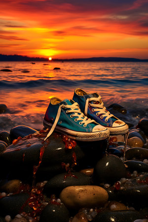 Sneakers on the sea shore at sunset. Shallow depth of fieldの素材