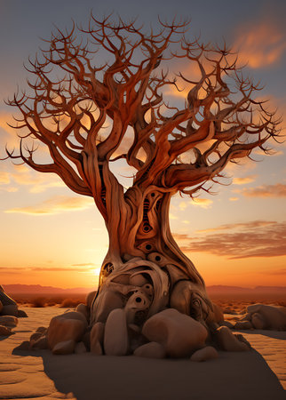 3D rendering of a fantasy landscape with a tree in the desertの素材