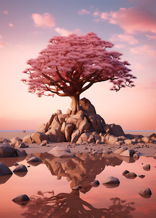 Beautiful tree on the beach at sunset. 3D rendering.の素材