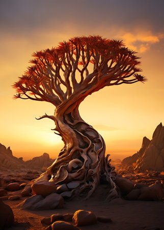 Desert landscape with a big tree in the foreground, 3d renderの素材