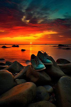 Sneakers on the rocks in the sea at beautiful sunset.の素材