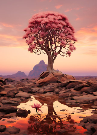 Beautiful tree in the desert. 3D rendering. Computer digital drawing.の素材