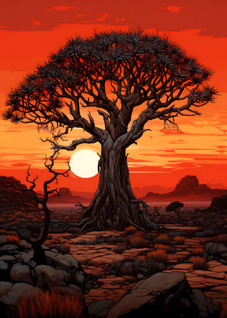 African tree in the desert at sunset. Vector illustration of a fantasy landscape.の素材