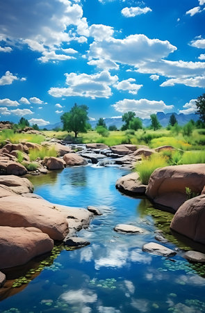 Landscape of river with rocks and blue sky with white clouds.の素材