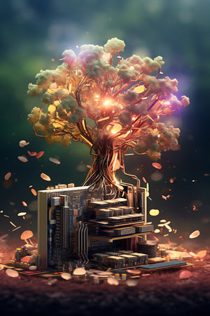 Big tree with books and buildings in the background. 3d renderingの素材