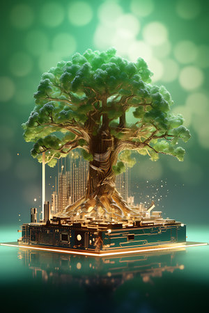 3d rendering of big tree in the shape of a city buildingの素材