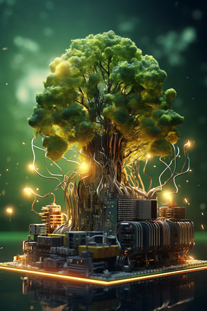 Futuristic city with green tree and glowing lights. 3D renderingの素材
