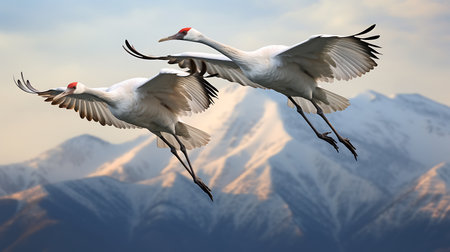 Sandhill Cranes in flight with mountains in the background. 3D illustration.の素材