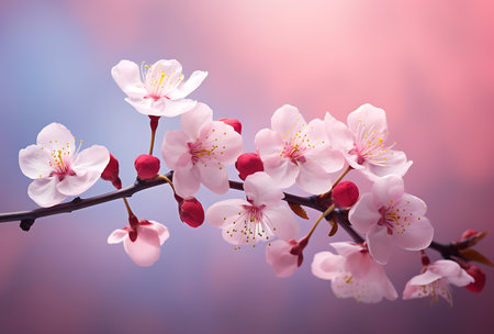 Cherry blossom branch with pink flowers on blurred background, closeupの素材