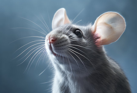Portrait of a gray mouse close-up on a blue backgroundの素材