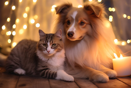 Shetland Sheepdog and cat together in front of Christmas lightsの素材