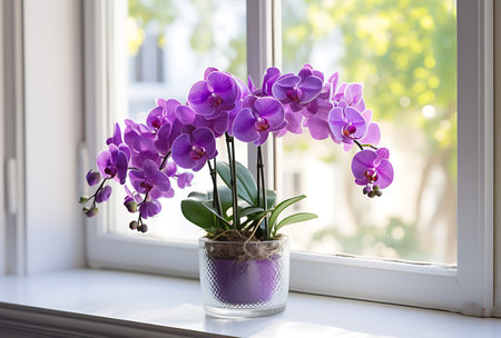 Purple orchids in a vase on the windowsillの素材