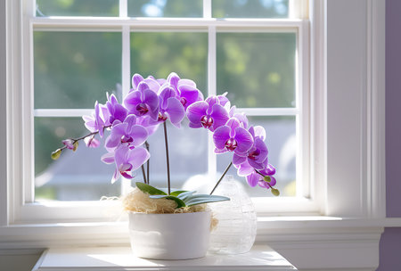 Purple orchids in a vase on the windowsillの素材