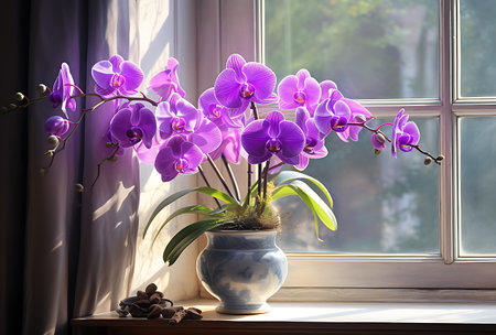 Beautiful purple orchid flowers in a vase on the windowsillの素材