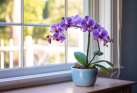 Purple orchids in a blue pot on a window sillの素材