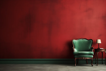 Interior of living room with green armchair, lamp and concrete wallの素材