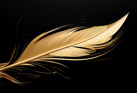 Golden feather on black background, close up, 3d renderの素材