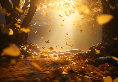 Autumn landscape with yellow leaves and sunbeams. Mixed mediaの素材