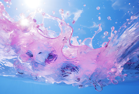 Splashes of pink water on a blue background, close-upの素材