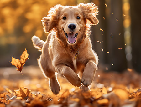 Golden Retriever running in the autumn park with fallen leaves.の素材