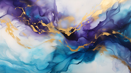 Abstract blue and golden marble texture background. Alcohol ink technique. Fluid art.の素材