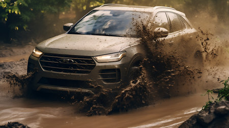 SUV driving through a muddy puddle on a summer day.の素材