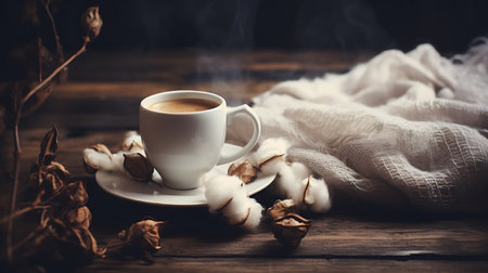Coffee cup and cotton flowers on wooden table with copy spaceの素材