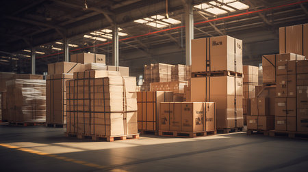 Warehouse interior with boxes on pallets. 3D Renderingの素材