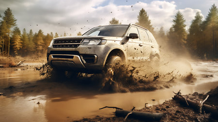Off-road car on a muddy road in the autumn forest.の素材