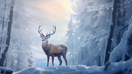 Deer in the winter forest with snow. 3d illustration.の素材