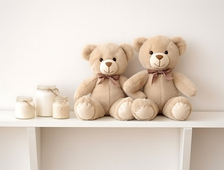 Teddy bear on a shelf in a children's room. Toned.の素材