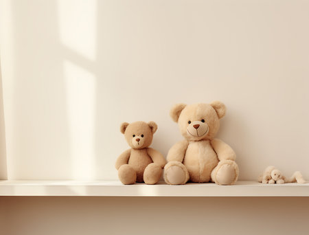 Teddy bears on shelf against white wall, 3d render.の素材