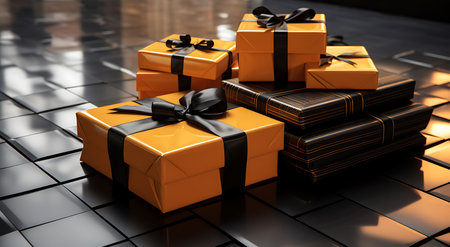 3d illustration of orange gift boxes with black ribbon on black backgroundの素材